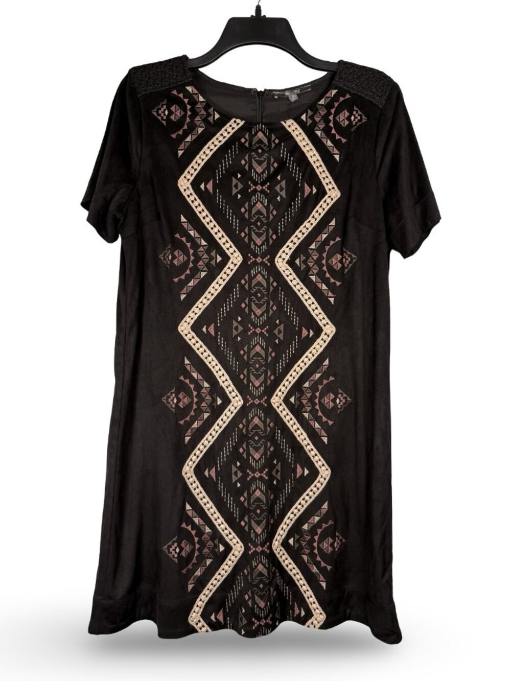 Miss Me Embroidered Microsuede Boho Western Shift Dress Women M Black Multicolor